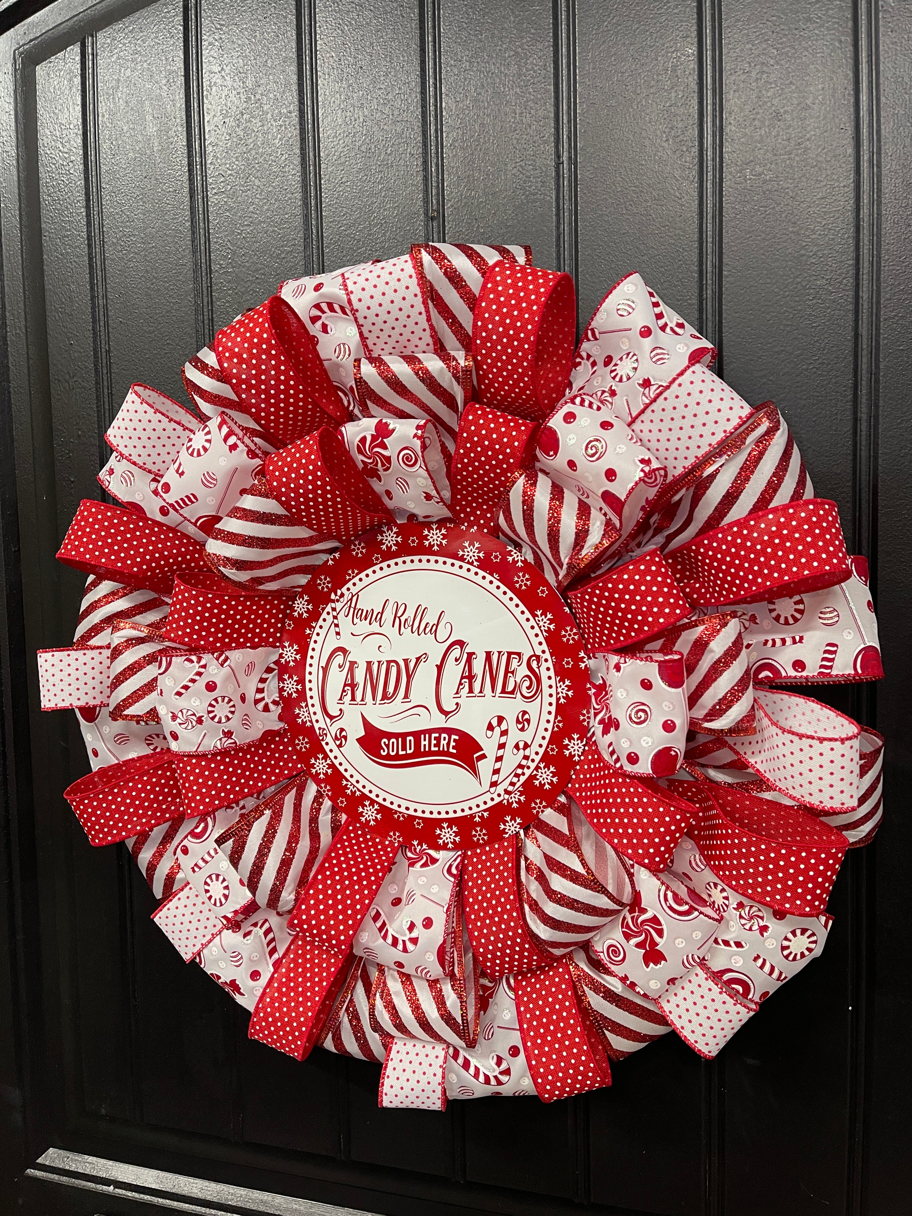 Candy Cane Christmas Ribbon Wreath, Winter Holiday Front Door Decor, Seasonal Porch Decoration, KatsCreationsNMore