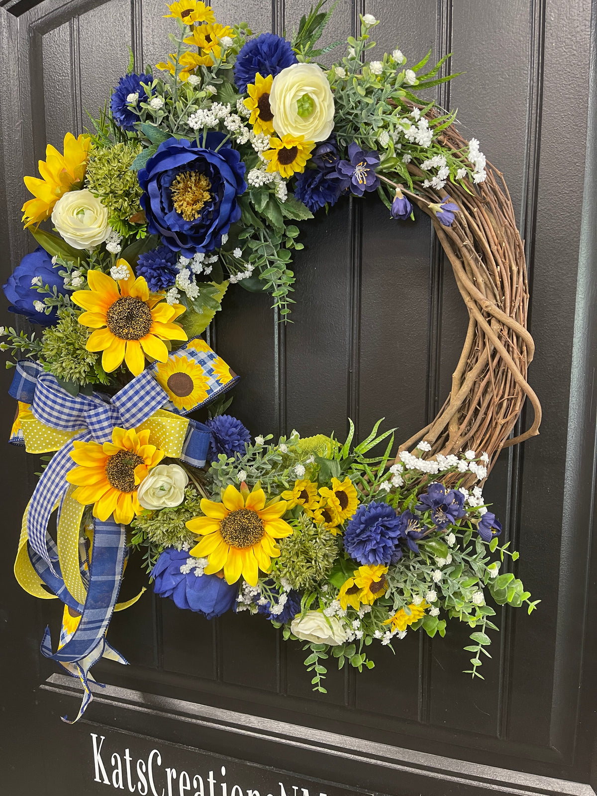 Sunflower and Peony Grapevine Wreath – Yellow and Blue Summer Door Decor - KatsCreationsNMore
