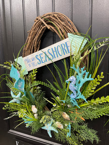 Coastal Grapevine Wreath, Beach Cottage Front Door Decor, This Way to the Seashore, KatsCreationsNMore