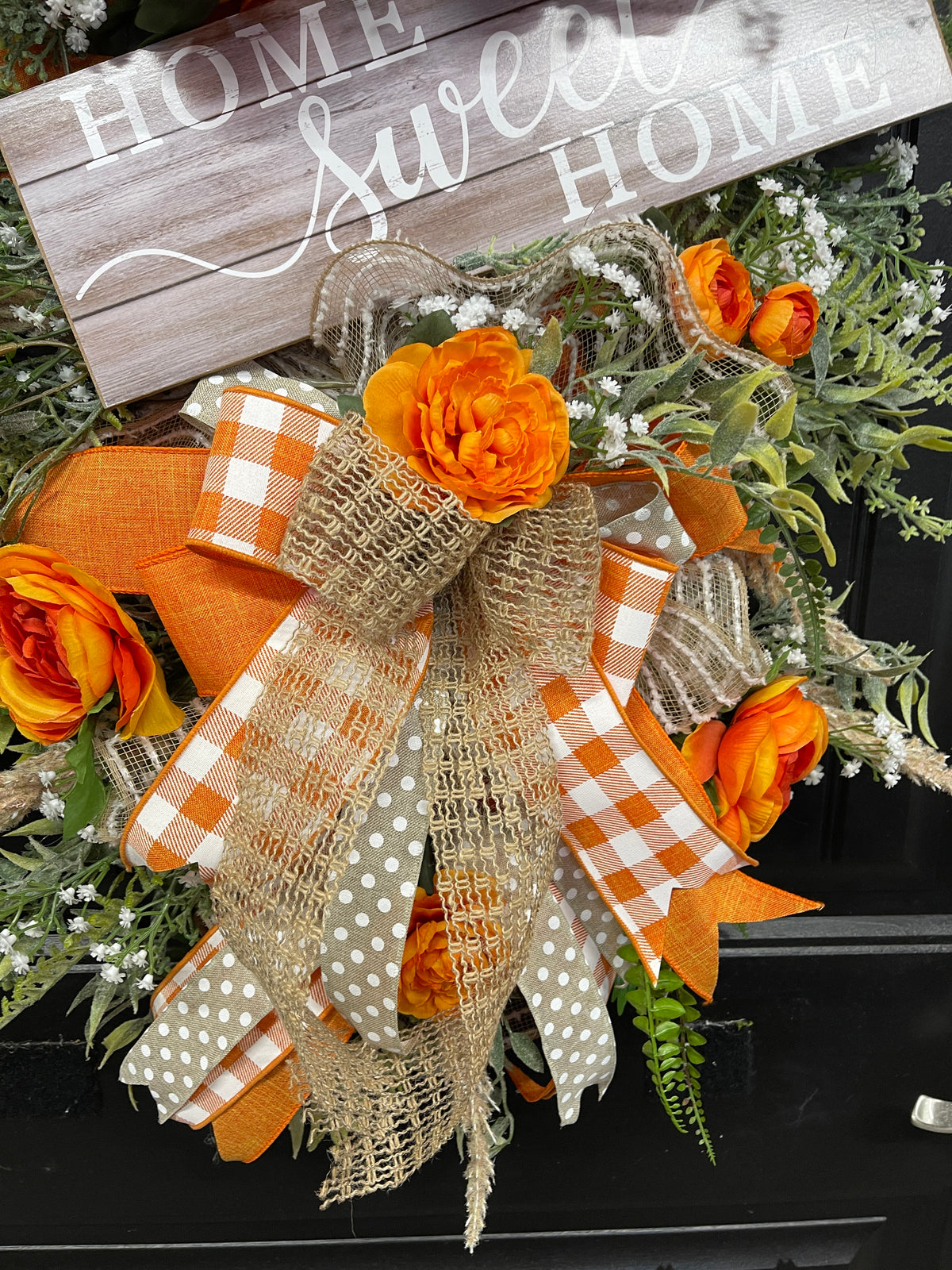 Home Sweet Home Vertical Swag with Orange Ranunculus and Rustic Gingham Bow – Farmhouse Door Hanger, KatsCreationsNMore