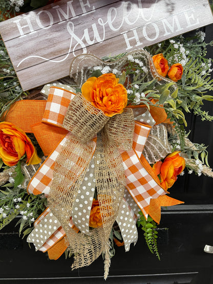 Home Sweet Home Vertical Swag with Orange Ranunculus and Rustic Gingham Bow – Farmhouse Door Hanger, KatsCreationsNMore