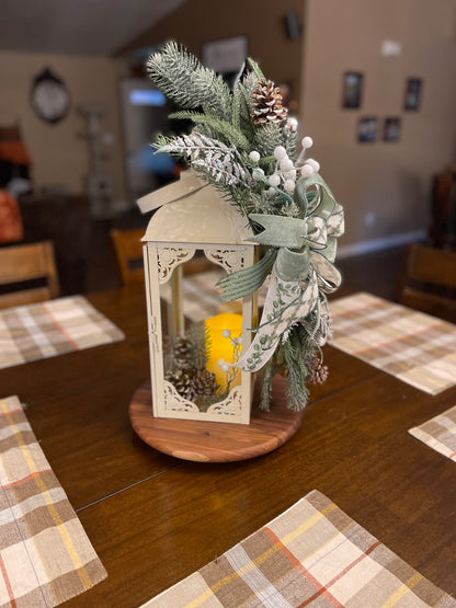 Winter Lantern Swag with Sage Bow & Frosted Greenery