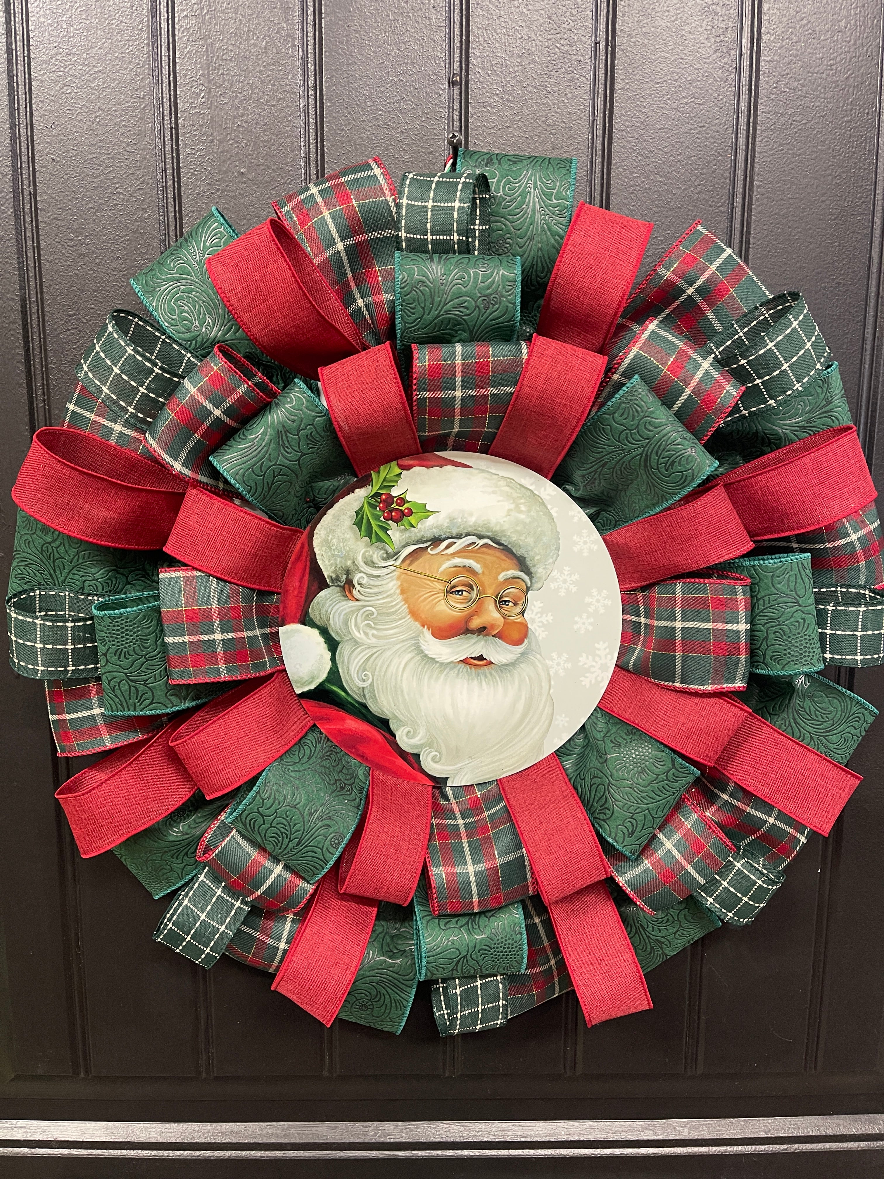 Classic Santa Christmas Ribbon Wreath, Holiday Front Storm Door Decor, KatsCreationsNMore
