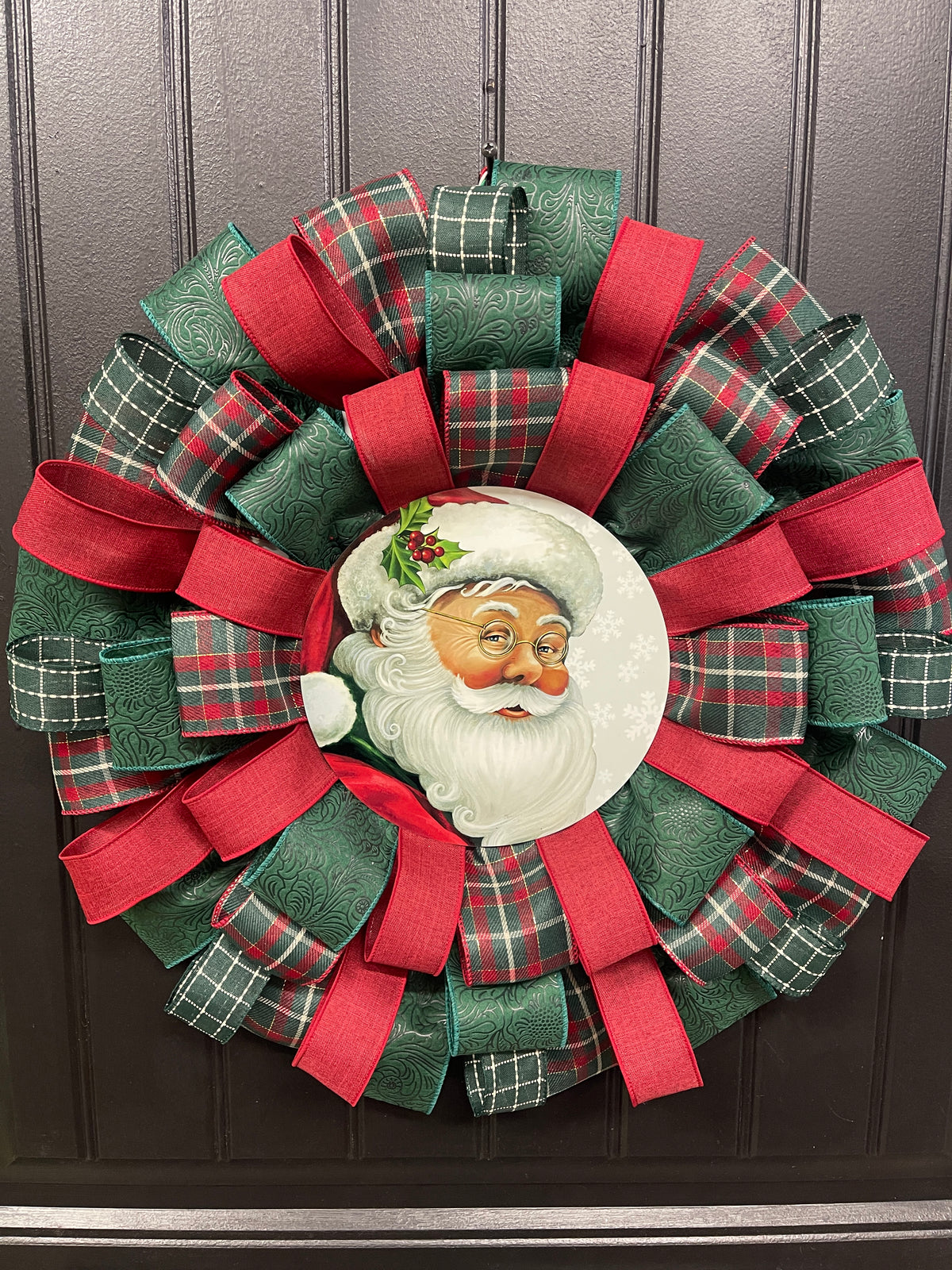 Classic Santa Christmas Ribbon Wreath, Holiday Front Storm Door Decor, KatsCreationsNMore
