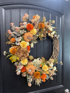 Fall Pumpkin & Floral Grapevine Wreath – Warm Autumn Harvest Door Decor, KatsCreationsNMore