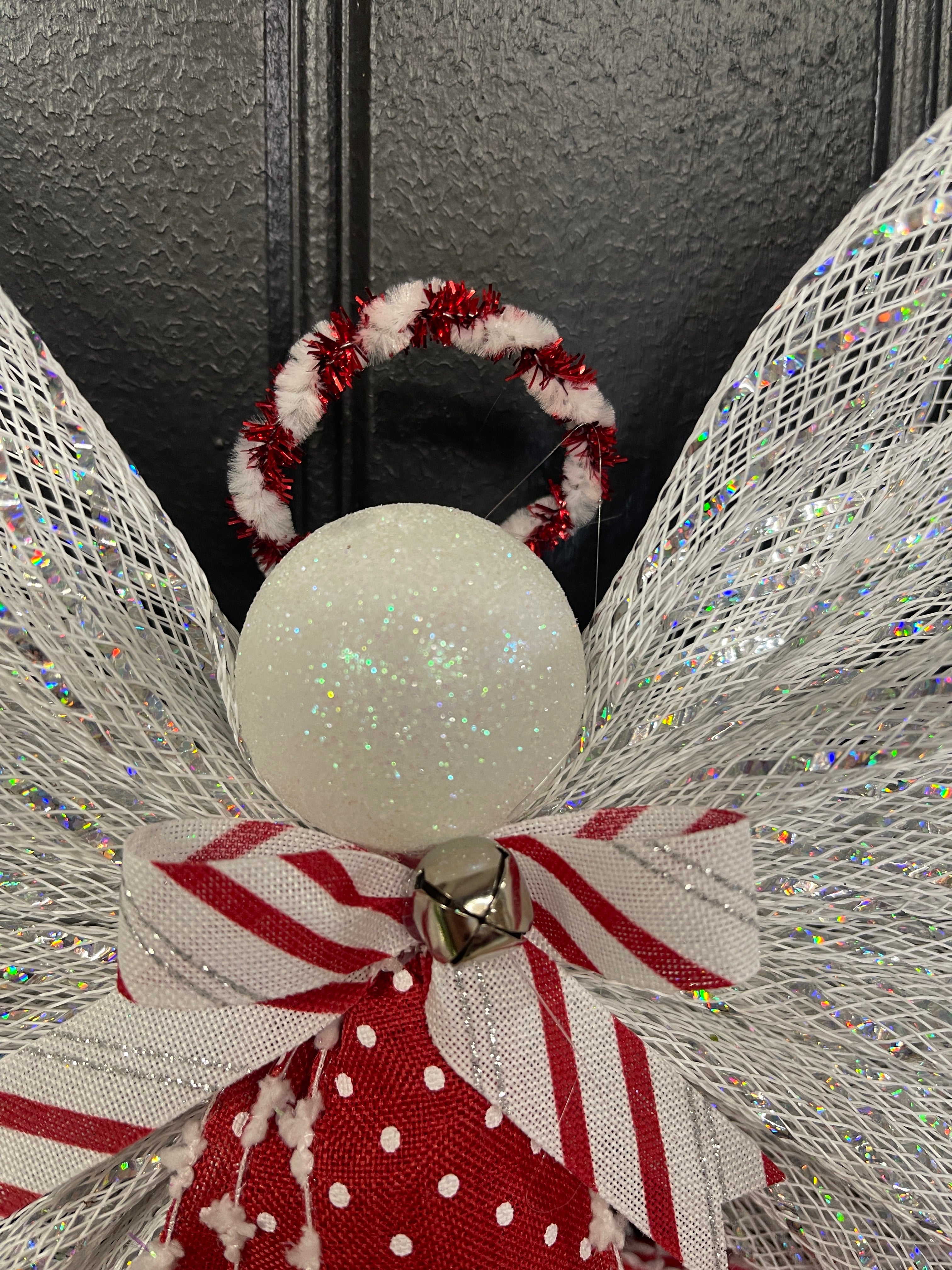 Peppermint Christmas Angel Tree Topper, Holiday Guardian Angel Wreath, Graveside Memorial, KatsCreationsNMore