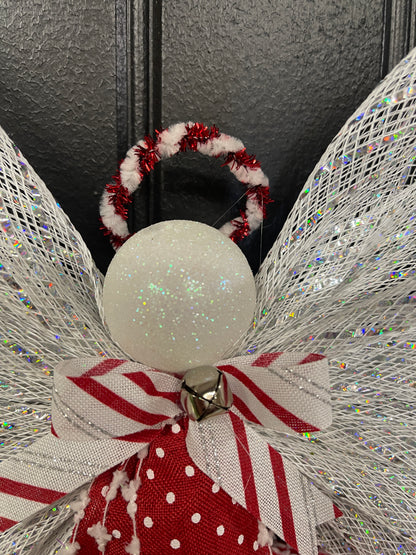 Peppermint Christmas Angel Tree Topper, Holiday Guardian Angel Wreath, Graveside Memorial, KatsCreationsNMore