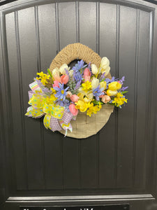 Spring Floral Basket Wreath, Easter Flowers Front Door Decor, Gift for Mother’s Day, KatsCreationsNMore