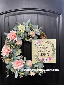 He is Risen Easter Floral Grapevine Wreath, Spring Resurrection Faith Front Door Decor, KatsCreationsNMore