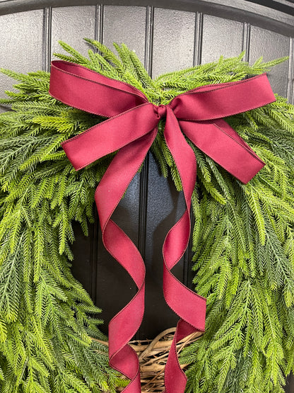 Norfolk Pine Evergreen Wreath, Christmas Grapevine Greenery with Burgundy Bow, KatsCreationsNMore