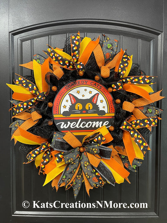 Vintage Halloween Wreath, Black Cat Wreath, Candy Corn Halloween Door Decor, Orange Black Halloween Wreath, Scaredy Cats Welcome