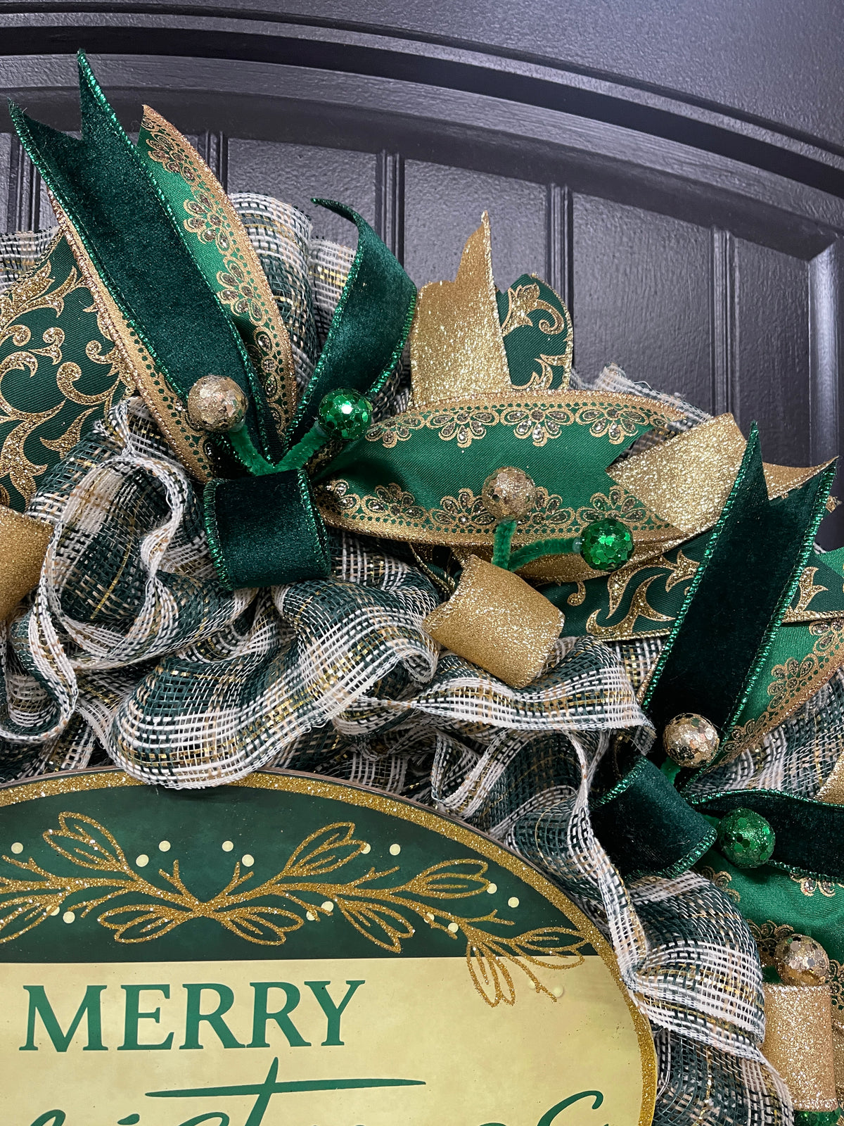 Elegant Victorian Green & Gold Merry Christmas Wreath | Handmade Holiday Door Decor | Velvet Ribbon Christmas Wreath | KatsCreationsNMore