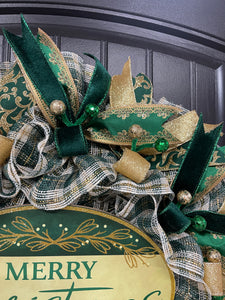 Elegant Green & Gold Merry Christmas Wreath | Handmade Holiday Door Décor | Velvet Ribbon Christmas Wreat