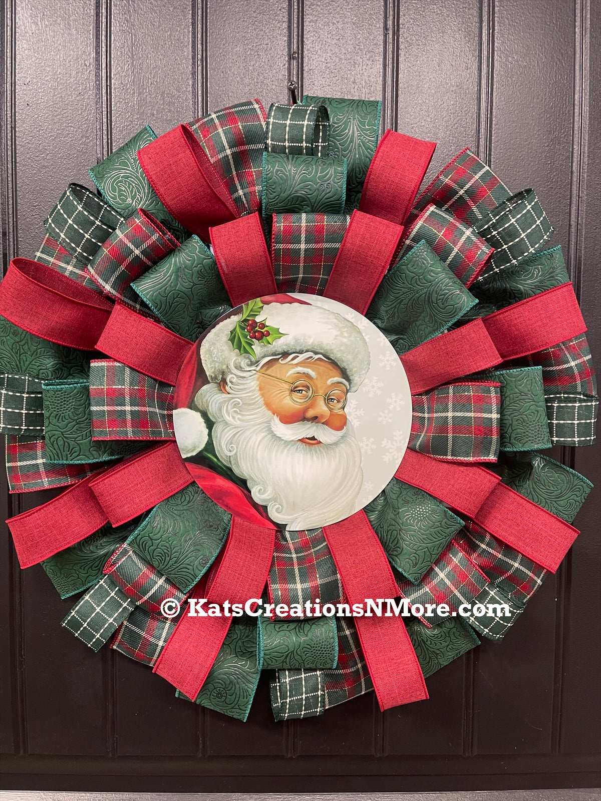 Classic Santa Christmas Ribbon Wreath, Holiday Front Storm Door Decor, KatsCreationsNMore