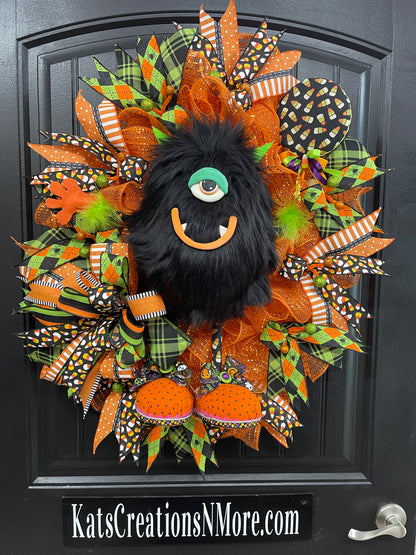 Halloween Monster Candy Corn Sucker Wreath, Seasonal Holiday Front Door Decor, KatsCreationsNMore