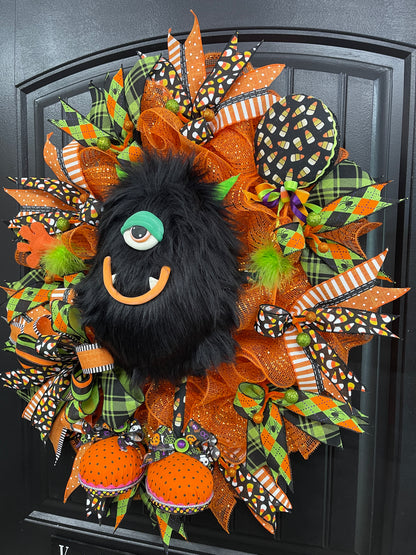 Halloween Monster Candy Corn Sucker Wreath, Seasonal Holiday Front Door Decor, KatsCreationsNMore