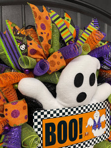 Ghost Halloween Wreath for Front Door – Cute Spooky Deco Mesh Wreath with Plush Ghost and Ribbons – Handmade Halloween Decor -  KatsCreationsNMore