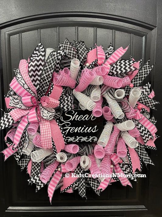 Shear Genius Pink Black White Wreath | Hair Stylist Door Wreath | Salon Decor | Beauty Shop Front Door Wreath | Bold Statement Wreath | KatsCreationsNMore