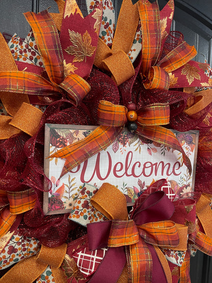 Autumn Welcome Wreath – Fall Front Door Decor with Burgundy, Orange, and Plaid Ribbons – Thanksgiving or Harvest Home Accent, KatsCreationsNMore