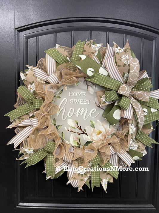 Magnolia Home Sweet Home Everyday Wreath, Southern Charm Front Door Decor, KatsCreationsNMore