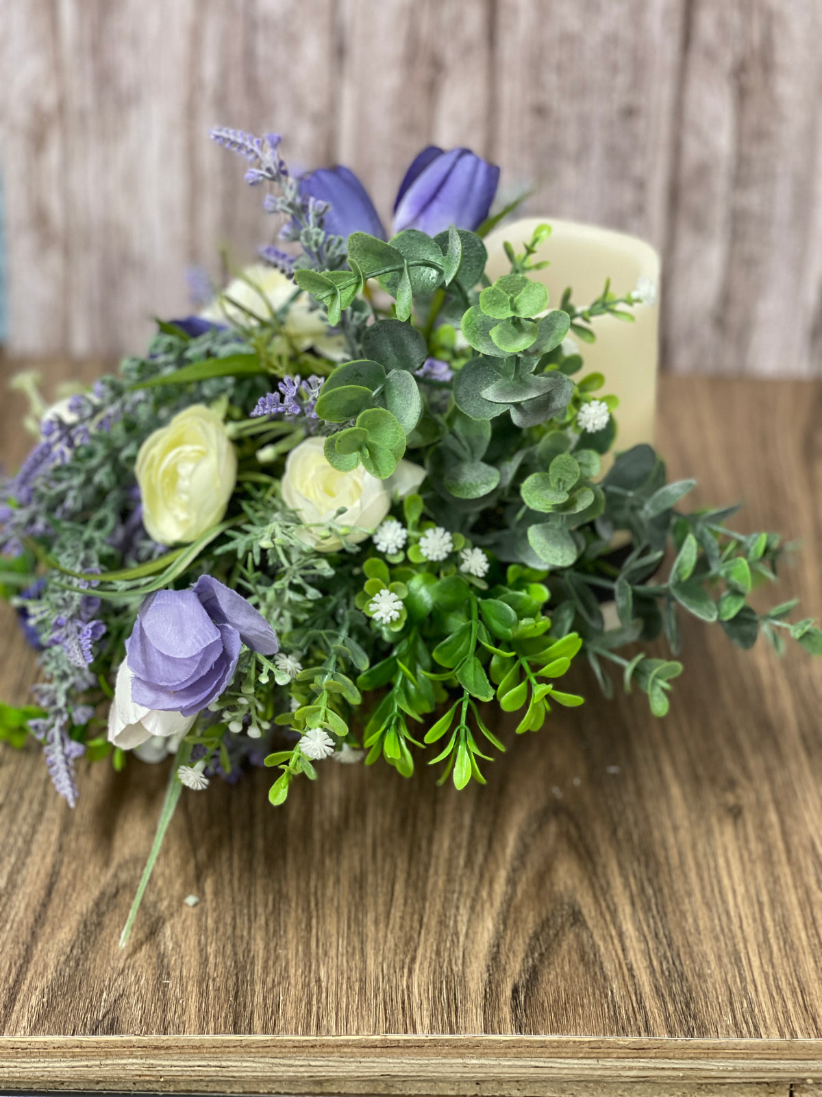 Spring Purple Tulips and Cream Ranunculus Bottle Bouquet, Floral Bridal or Baby Shower Centerpieces, Candle Holders, KatsCreationsNMore