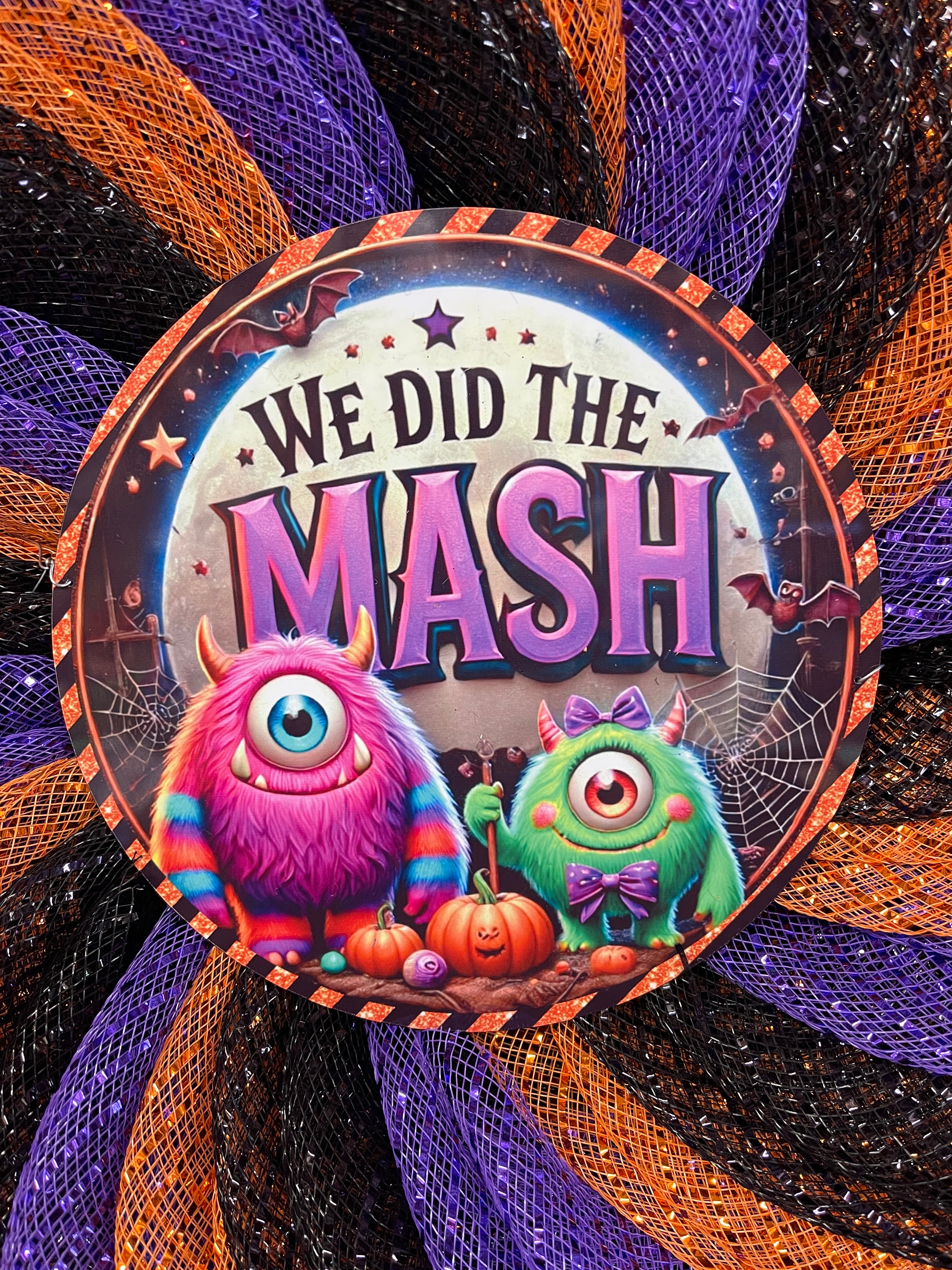 We Did the Mash Halloween Wreath – Monster Mash Spiral Deco Mesh Wreath in Orange, Black & Purple – Spooky Cute Door Decor - KatsCreationsNMore