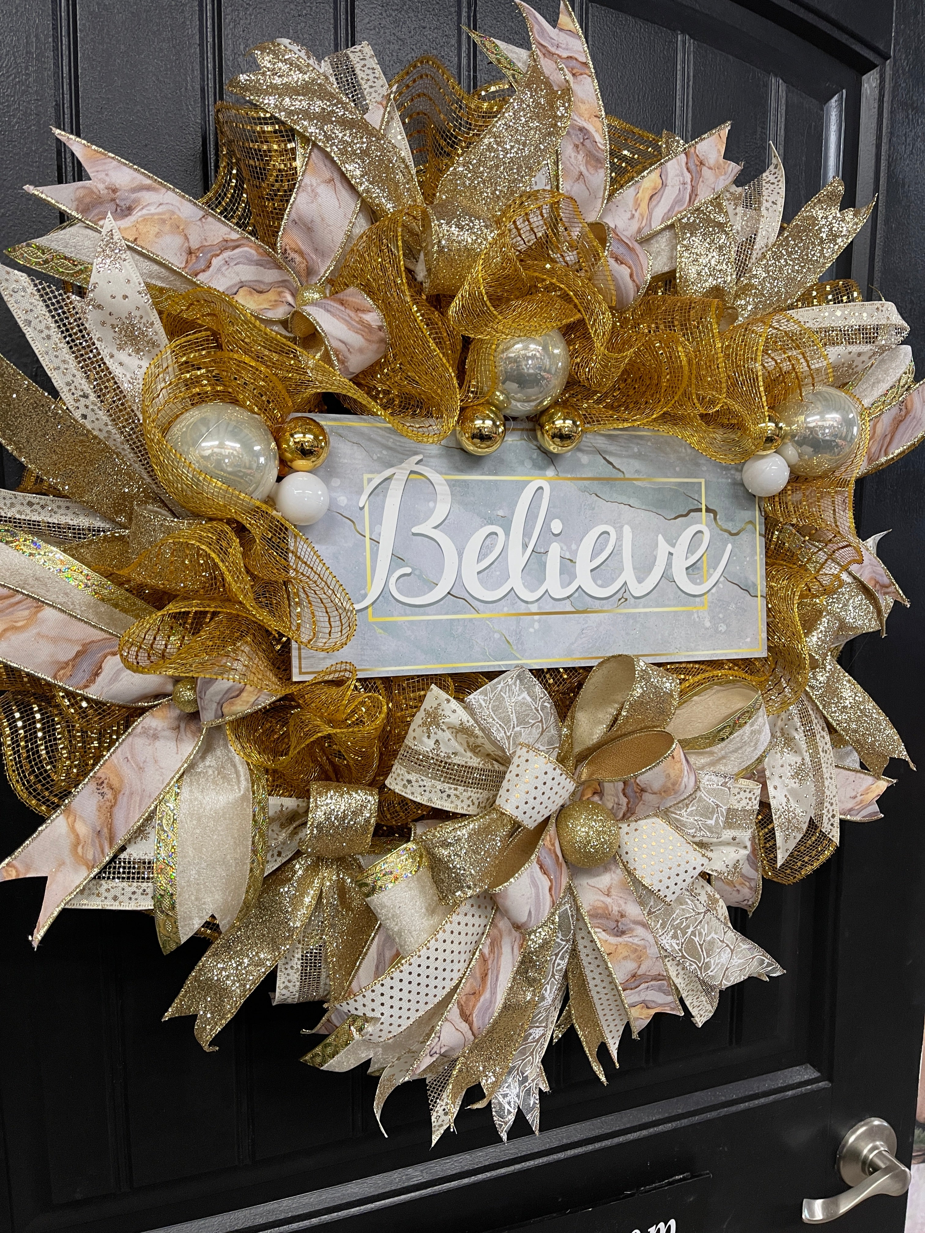 Gold Marble Believe Christmas Wreath, Metallic Holiday Front Door Decor, KatsCreationsNMore