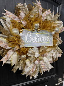 Gold Marble Believe Christmas Wreath, Metallic Holiday Front Door Decor, KatsCreationsNMore