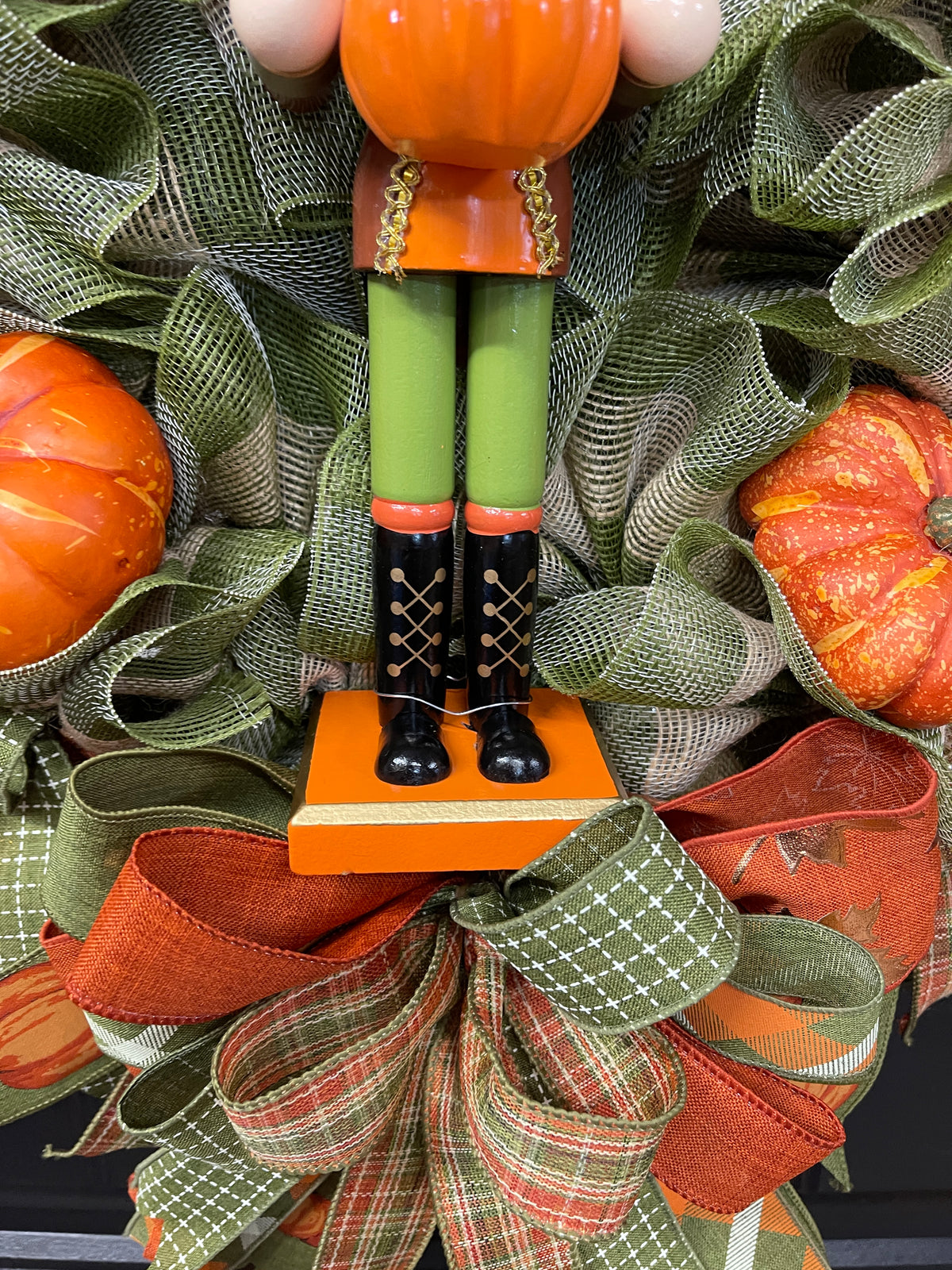 Pumpkin Nutcracker Fall Wreath – Rustic Autumn Front Door Wreath with Pumpkins and Plaid Ribbon