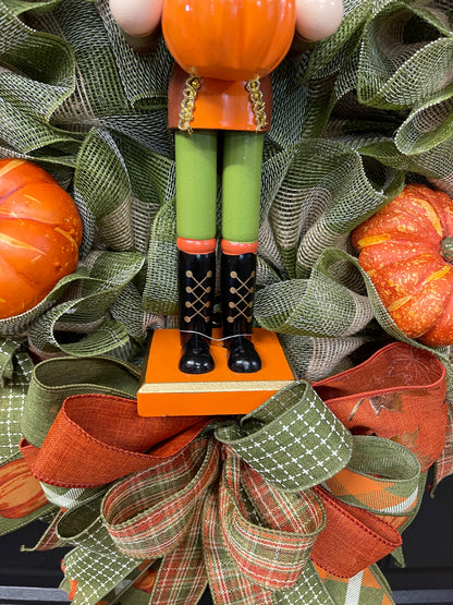 Pumpkin Nutcracker Fall Wreath – Rustic Autumn Front Door Wreath with Pumpkins and Plaid Ribbon