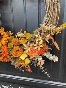 Fall Floral Grapevine, Autumn Front Door Crescent Wreath, KatsCreationsNMore