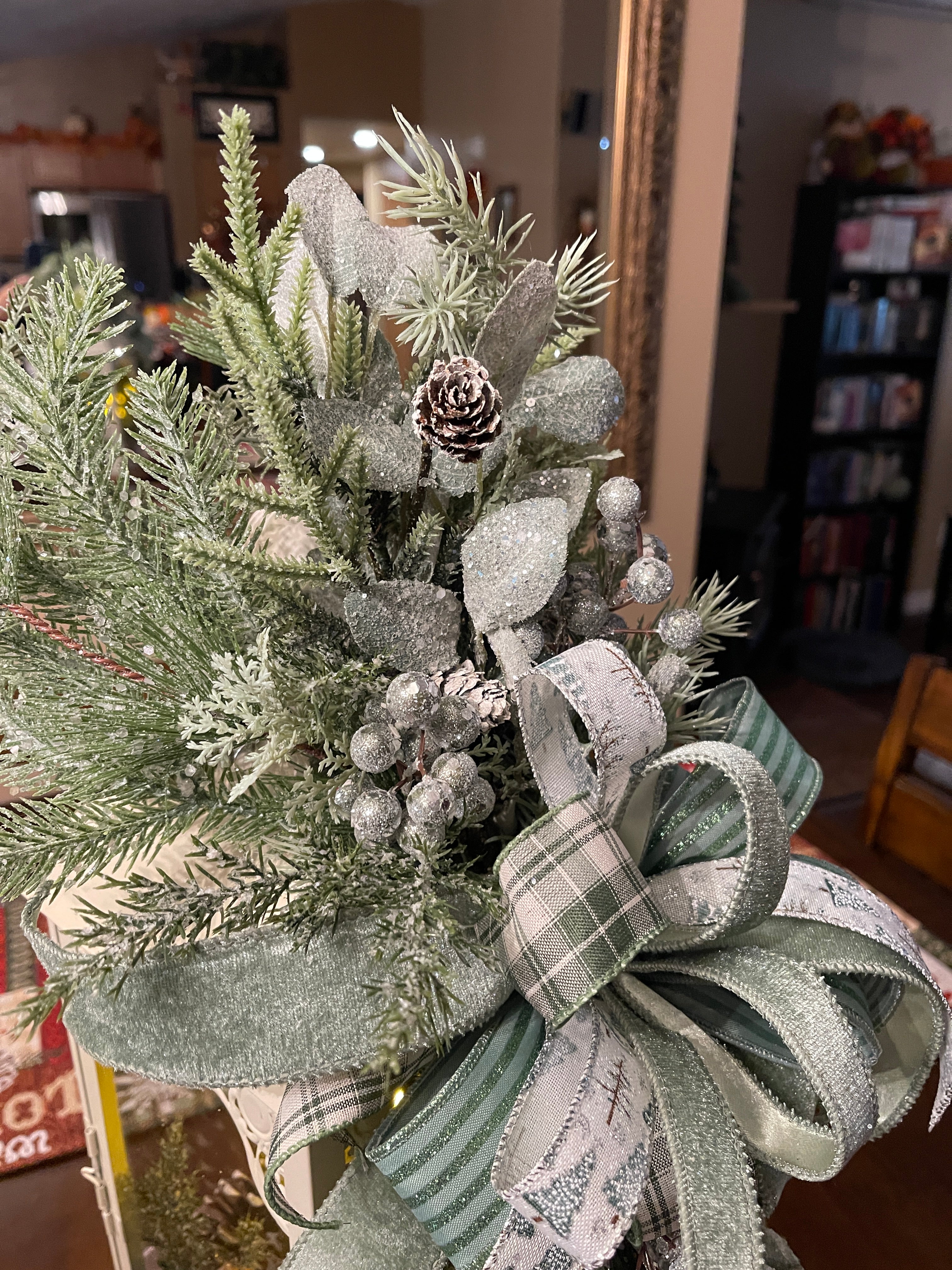 Winter Frost Lantern Centerpiece | Frosted Greenery & Sage Bow Christmas Table Decor | Rustic Farmhouse Holiday Arrangement | KatsCreationsNMore