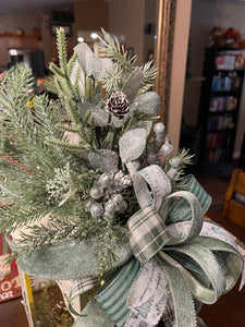 Winter Frost Lantern Centerpiece | Frosted Greenery & Sage Bow Christmas Table Decor | Rustic Farmhouse Holiday Arrangement | KatsCreationsNMore