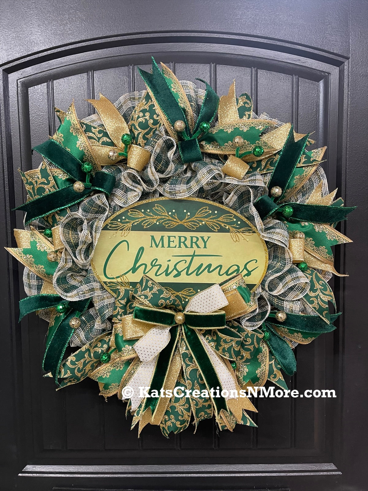 Elegant Victorian Green & Gold Merry Christmas Wreath | Handmade Holiday Door Decor | Velvet Ribbon Christmas Wreath | KatsCreationsNMore