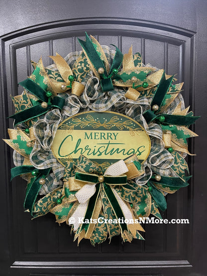 Elegant Victorian Green & Gold Merry Christmas Wreath | Handmade Holiday Door Decor | Velvet Ribbon Christmas Wreath | KatsCreationsNMore