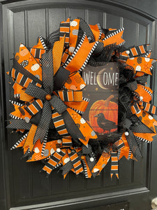 Halloween Welcome Wreath with Pumpkin & Raven Sign | Black & Orange Deco Mesh Front Door Wreath | Spooky Fall Porch Decor Handmade
