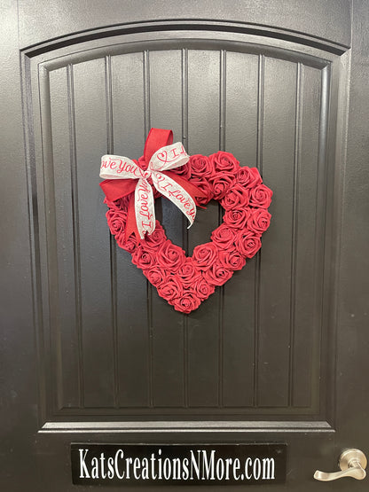 Valentine’s Day Burgundy Rose Heart Shaped Wreath, I Love You Front Door Decor, KatsCreationsNMore