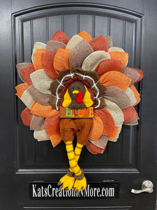 Storm Door Turkey Wreath – Flat Mesh Fall Door Decor with Welcome Sign – Thanksgiving Front Door Decoration by KatsCreationsNMore