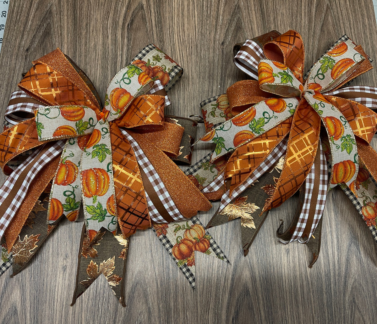 Fall Mantle Bow Set, Pair of Autumn Porch Light Decor, KatsCreationsNMore, Traditional Thanksgiving Wreath Supply
