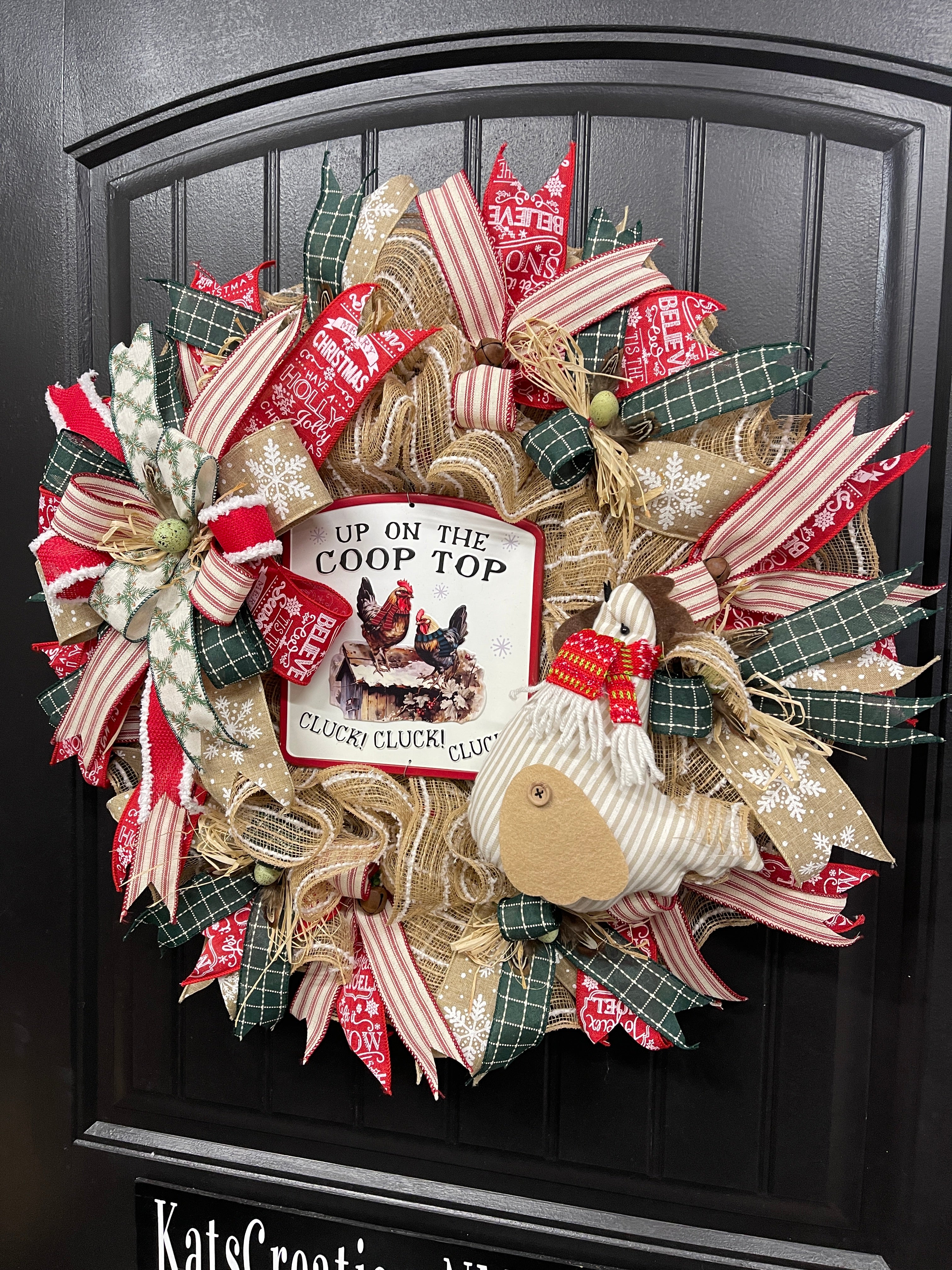 Up on the Coop Top Christmas Chicken Wreath, Farmhouse Country Xmas Front Door Decor, KatsCreationsNMore