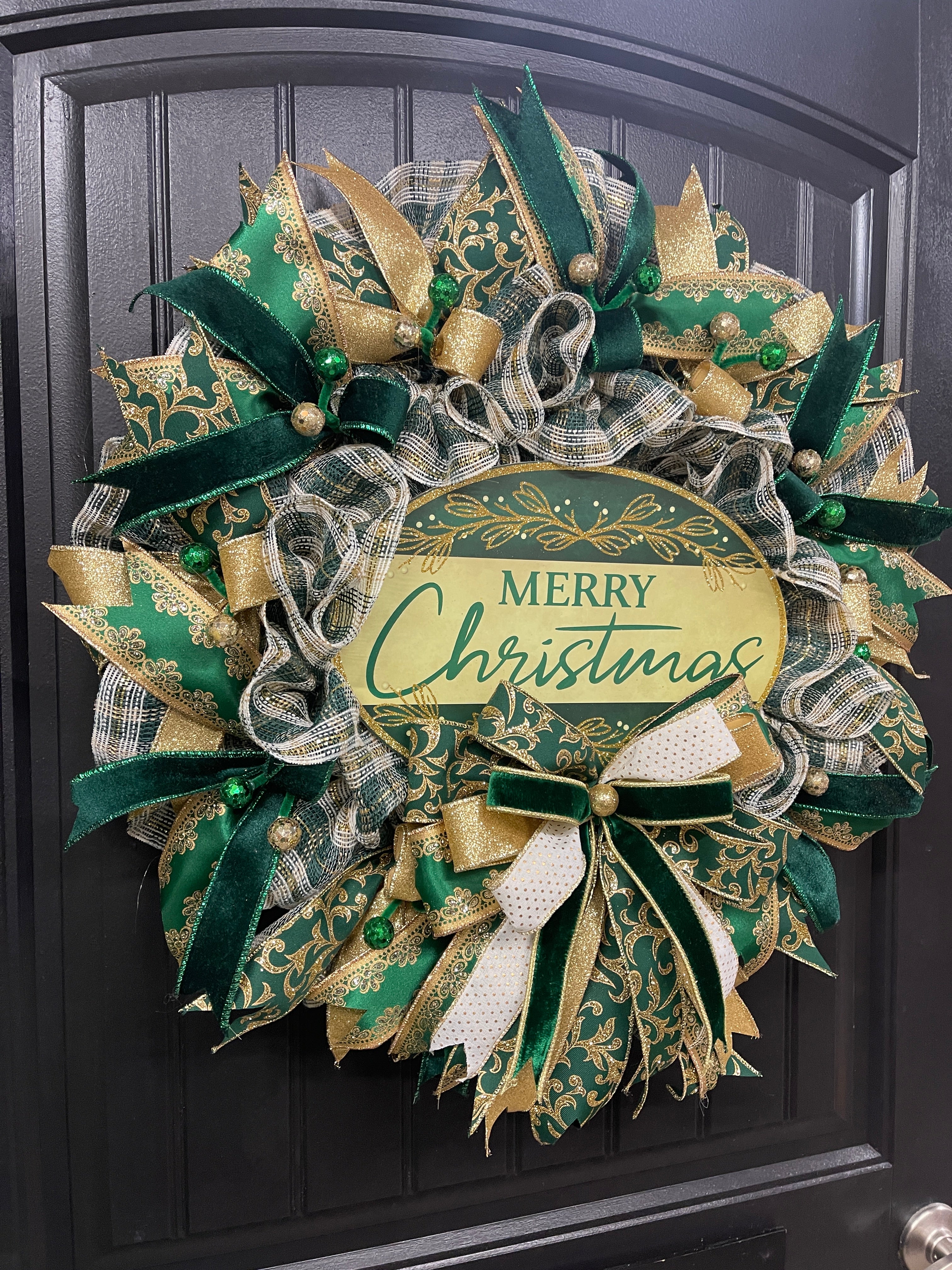 Elegant Green & Gold Merry Christmas Wreath | Handmade Holiday Door Décor | Velvet Ribbon Christmas Wreat