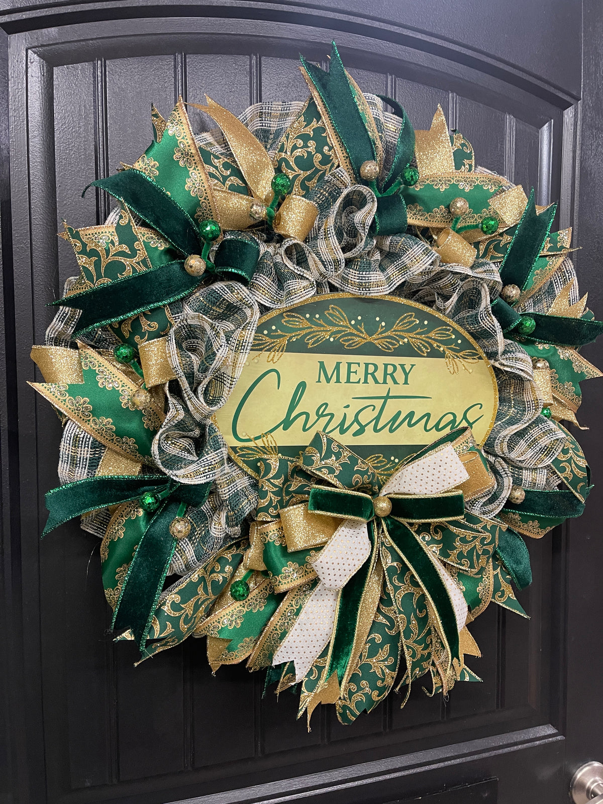 Elegant Victorian Green & Gold Merry Christmas Wreath | Handmade Holiday Door Decor | Velvet Ribbon Christmas Wreath | KatsCreationsNMore