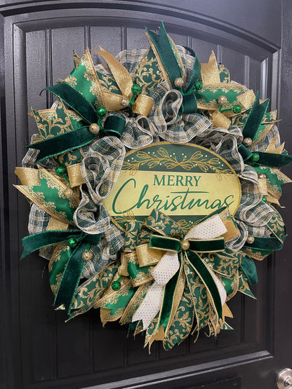 Elegant Victorian Green & Gold Merry Christmas Wreath | Handmade Holiday Door Decor | Velvet Ribbon Christmas Wreath | KatsCreationsNMore