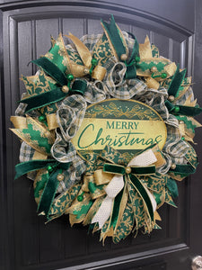 Elegant Green & Gold Merry Christmas Wreath | Handmade Holiday Door Décor | Velvet Ribbon Christmas Wreat