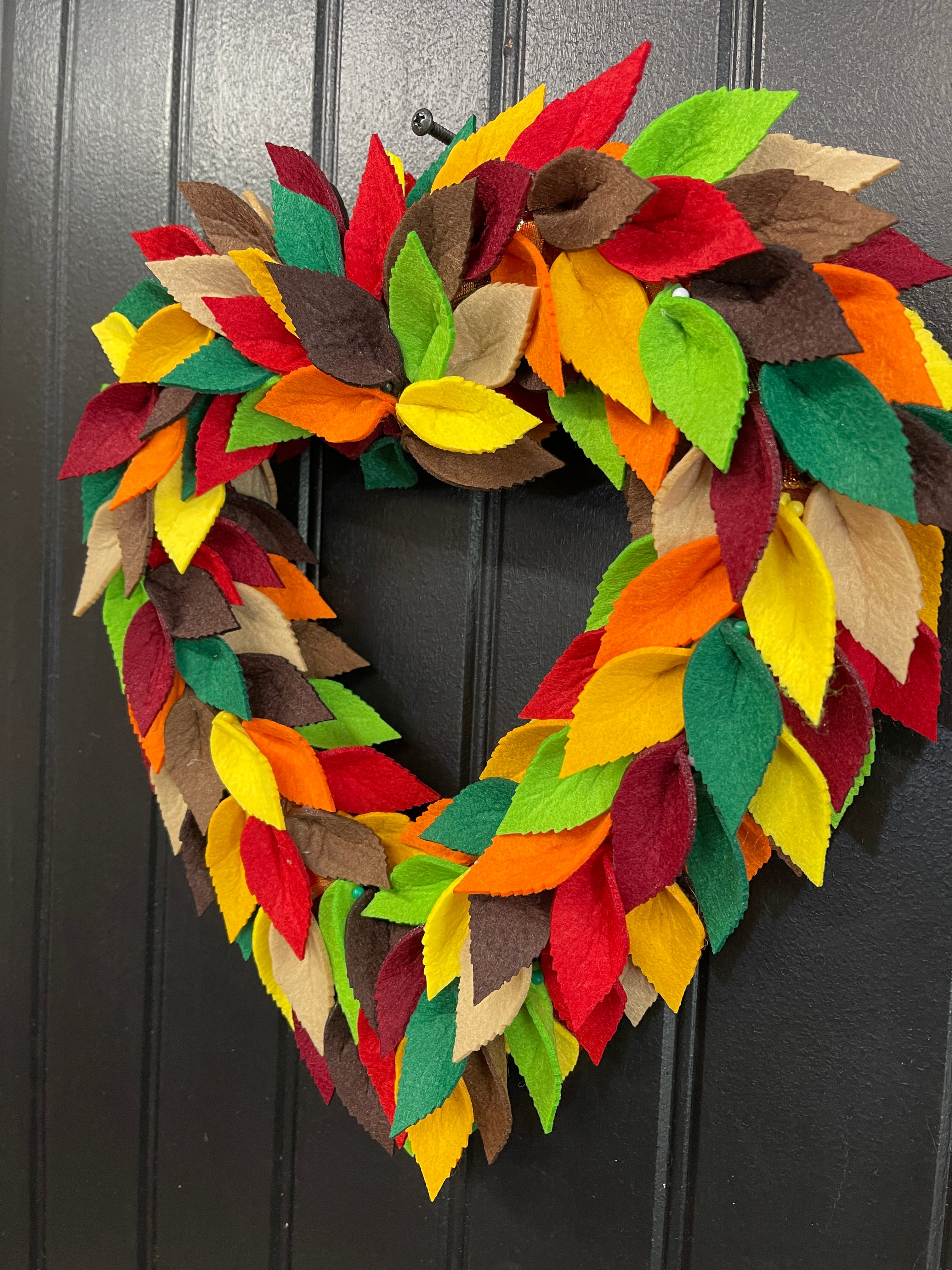 Colorful Felt Leaf Heart Wreath – 14” Fall Storm Door Wreath – Autumn Decor – Handmade Heart-Shaped Wreath – Cozy Seasonal Home Accent, KatsCreationsNMore