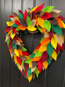 Colorful Felt Leaf Heart Wreath – 14” Fall Storm Door Wreath – Autumn Decor – Handmade Heart-Shaped Wreath – Cozy Seasonal Home Accent, KatsCreationsNMore