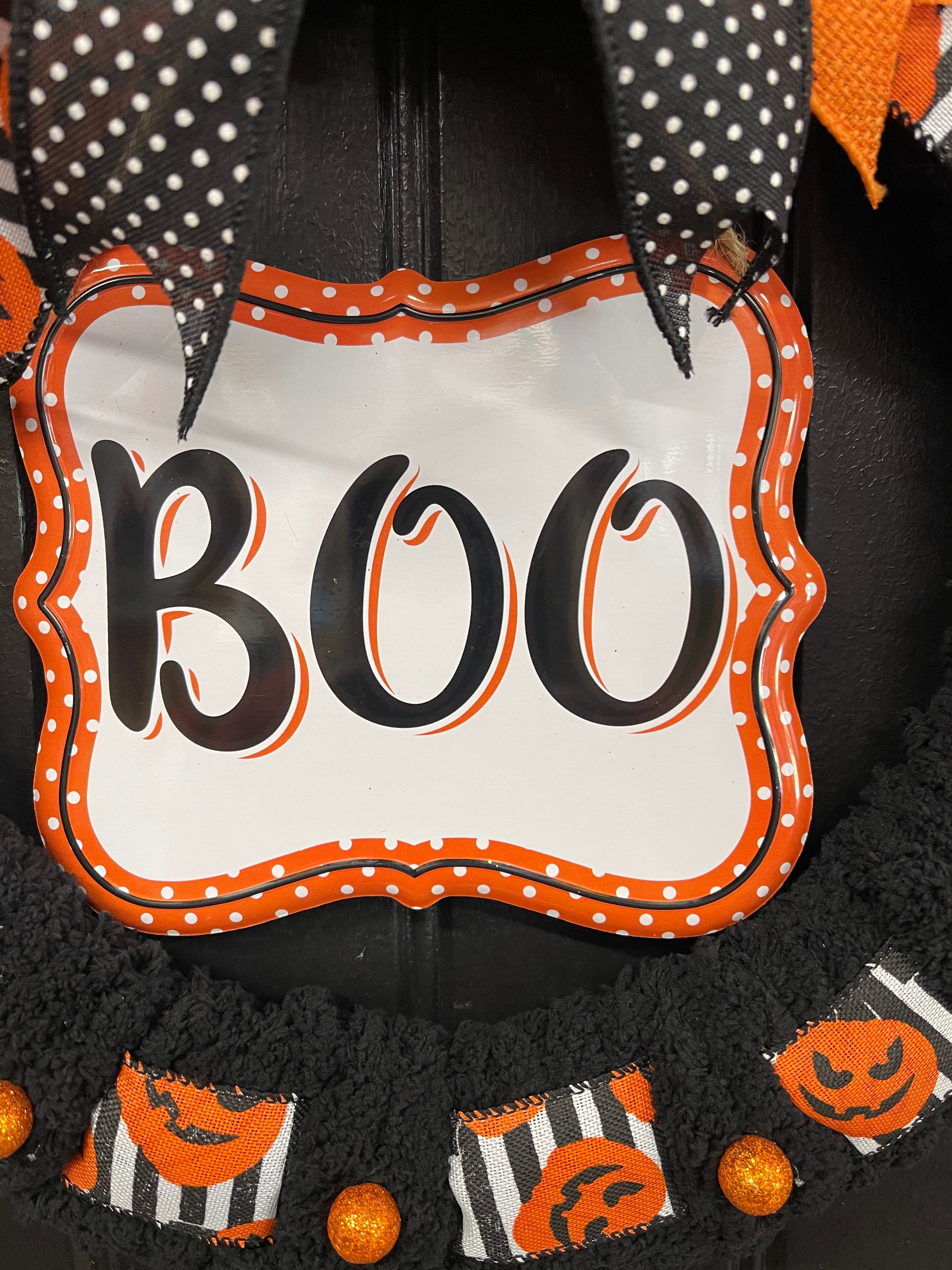 Halloween “BOO” Wreath for Front Door – 16-Inch Black & Orange Jack-O’-Lantern Wreath – Storm Door Friendly - KatsCreationsNMore