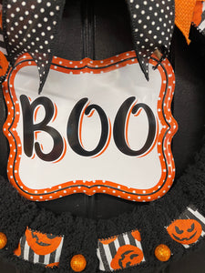 Halloween “BOO” Wreath for Front Door – 16-Inch Black & Orange Jack-O’-Lantern Wreath – Storm Door Friendly - KatsCreationsNMore