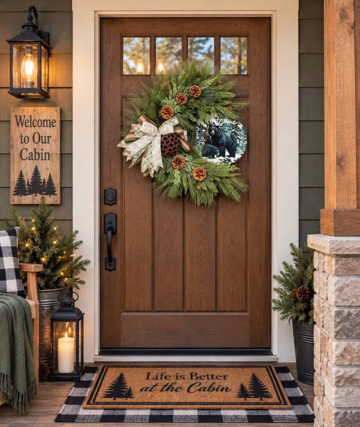 Black Bear Welcome Grapevine Wreath, Balsam and Pine Front Door Decor, KatsCreationsNMore