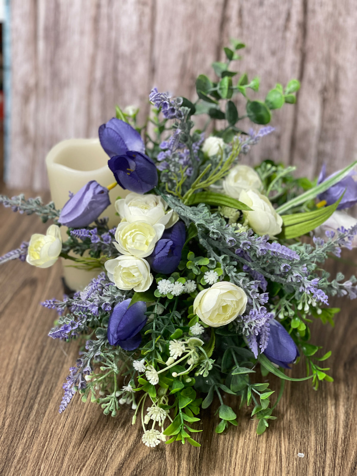 Spring Purple Tulips and Cream Ranunculus Bottle Bouquet, Floral Bridal or Baby Shower Centerpieces, Candle Holders, KatsCreationsNMore